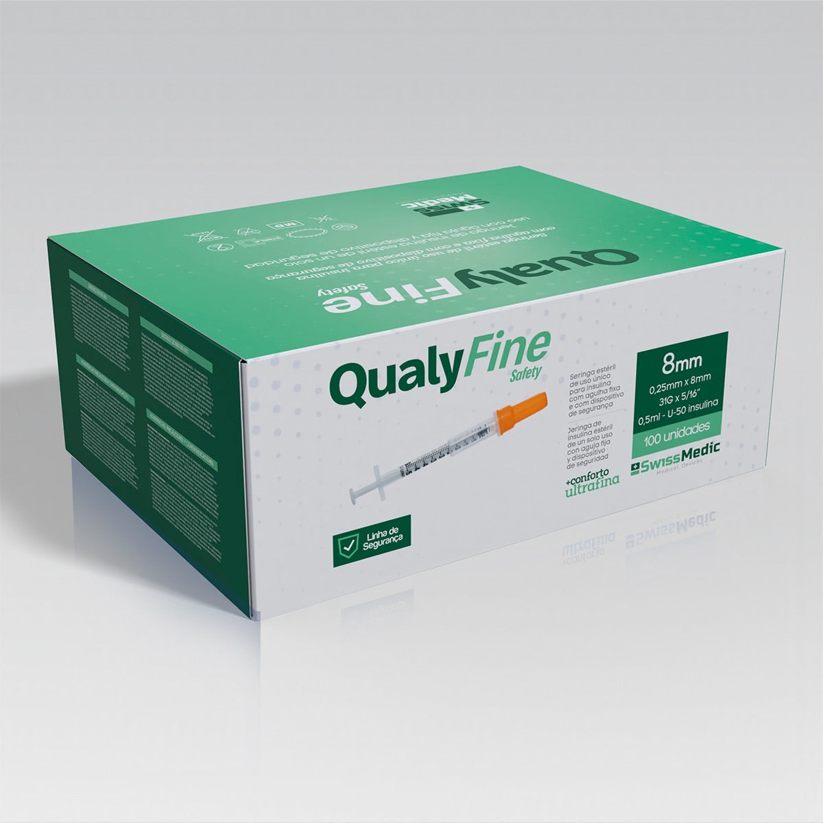 Seringas para Insulina com Agulha Fixa e Dispositivo de Segurança 0.25mm x 8mm