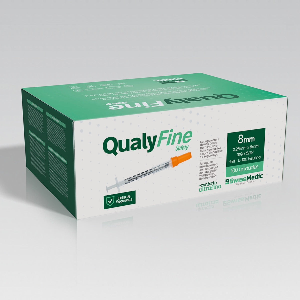 Seringas para Insulina com Agulha Fixa e Dispositivo de Segurança 0.25mm x 8mm